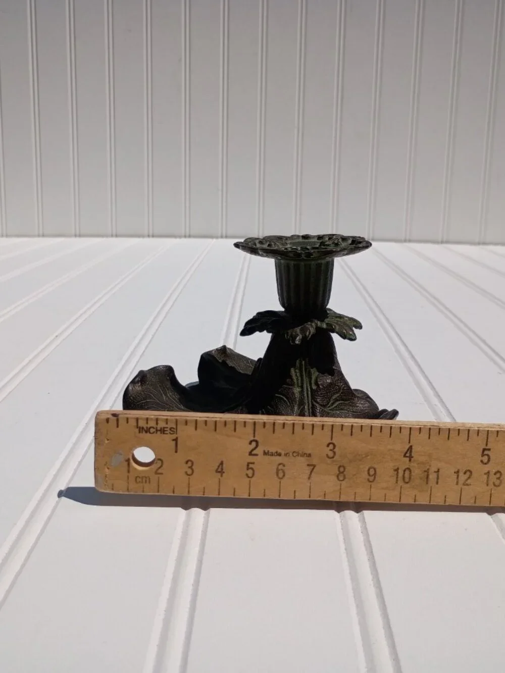 Vintage Cast Brass Taper Candle Holder Floral Leaf Verdigris Green Bronze Dish